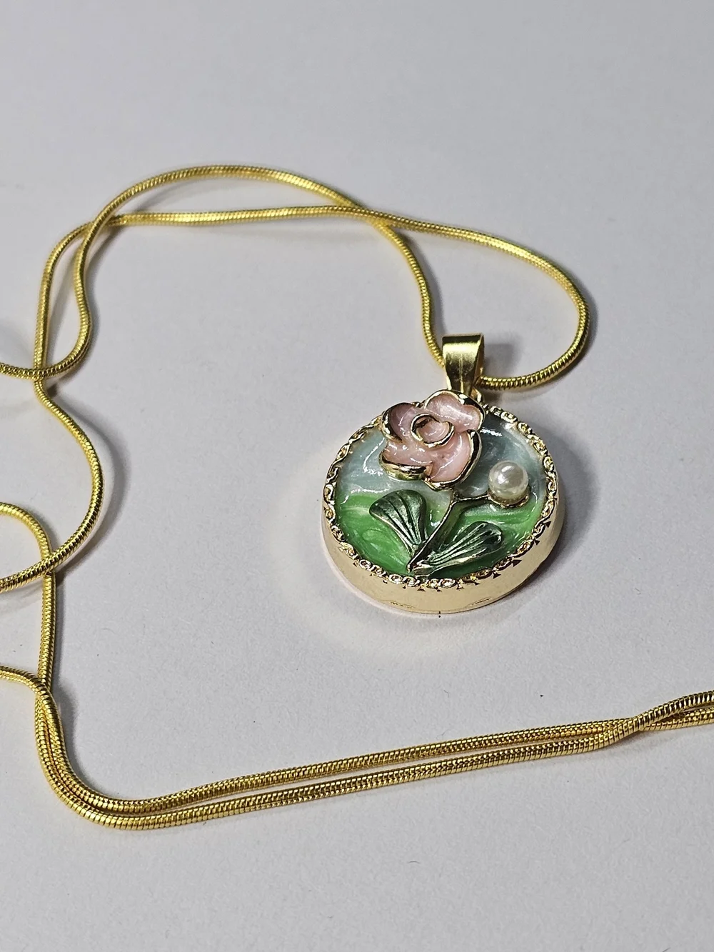 Gold Pendant Necklace with Pink Rose and Green Enamel